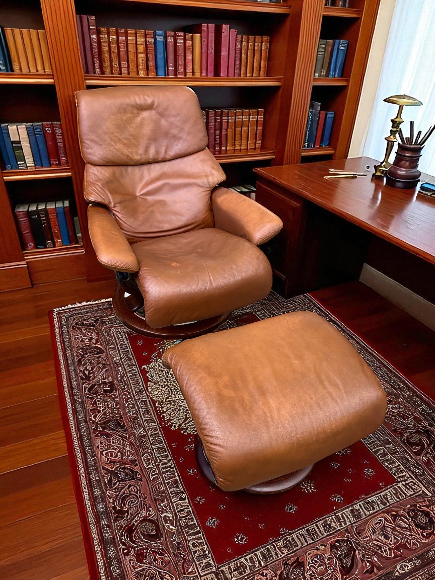 Ekornes Stressless Recliner & Footstool | Brown Leather | Adjustable Headrest