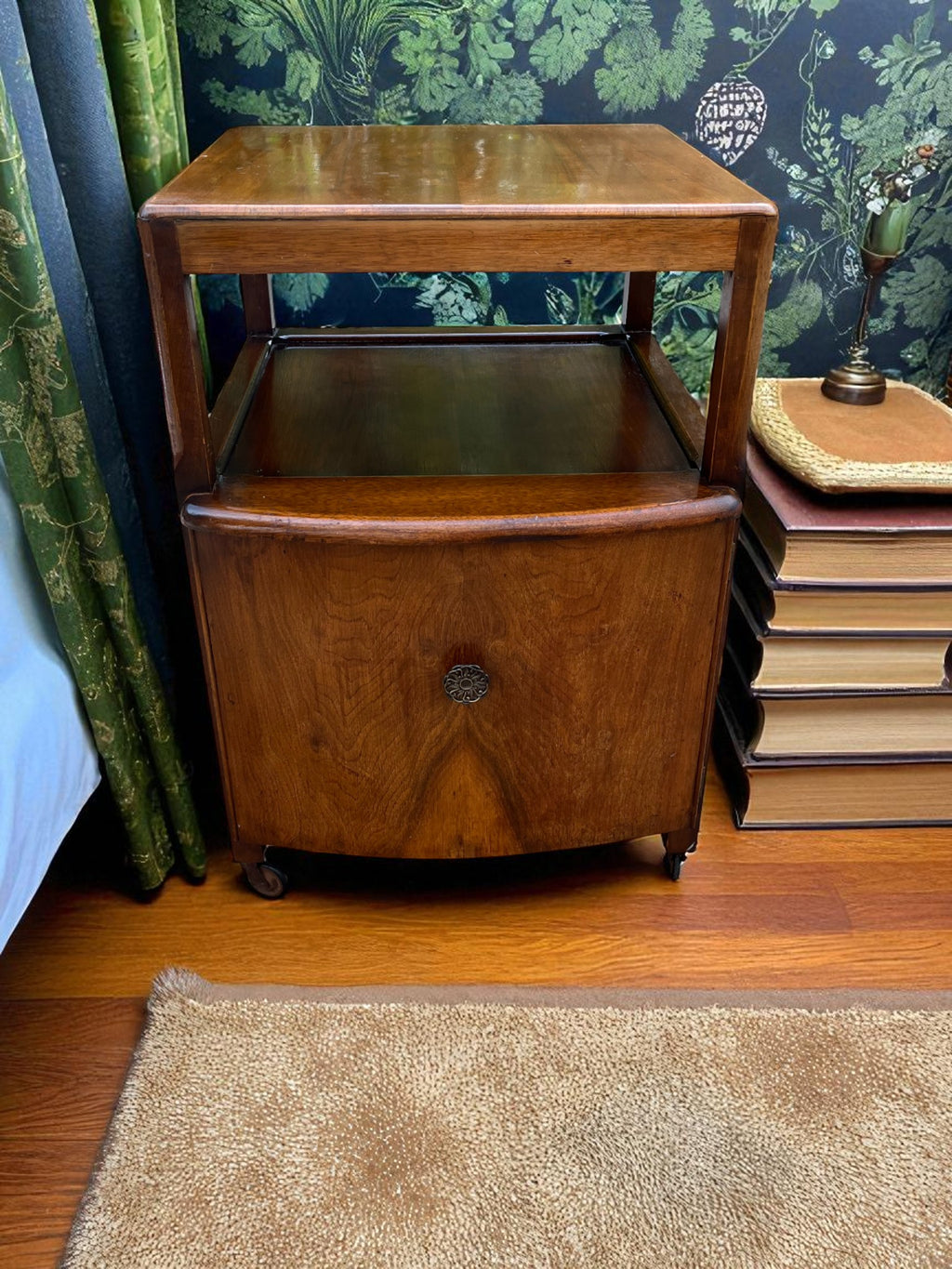 Antique Bedside Cabinet on Casters | Vintage Nightstand with Storage