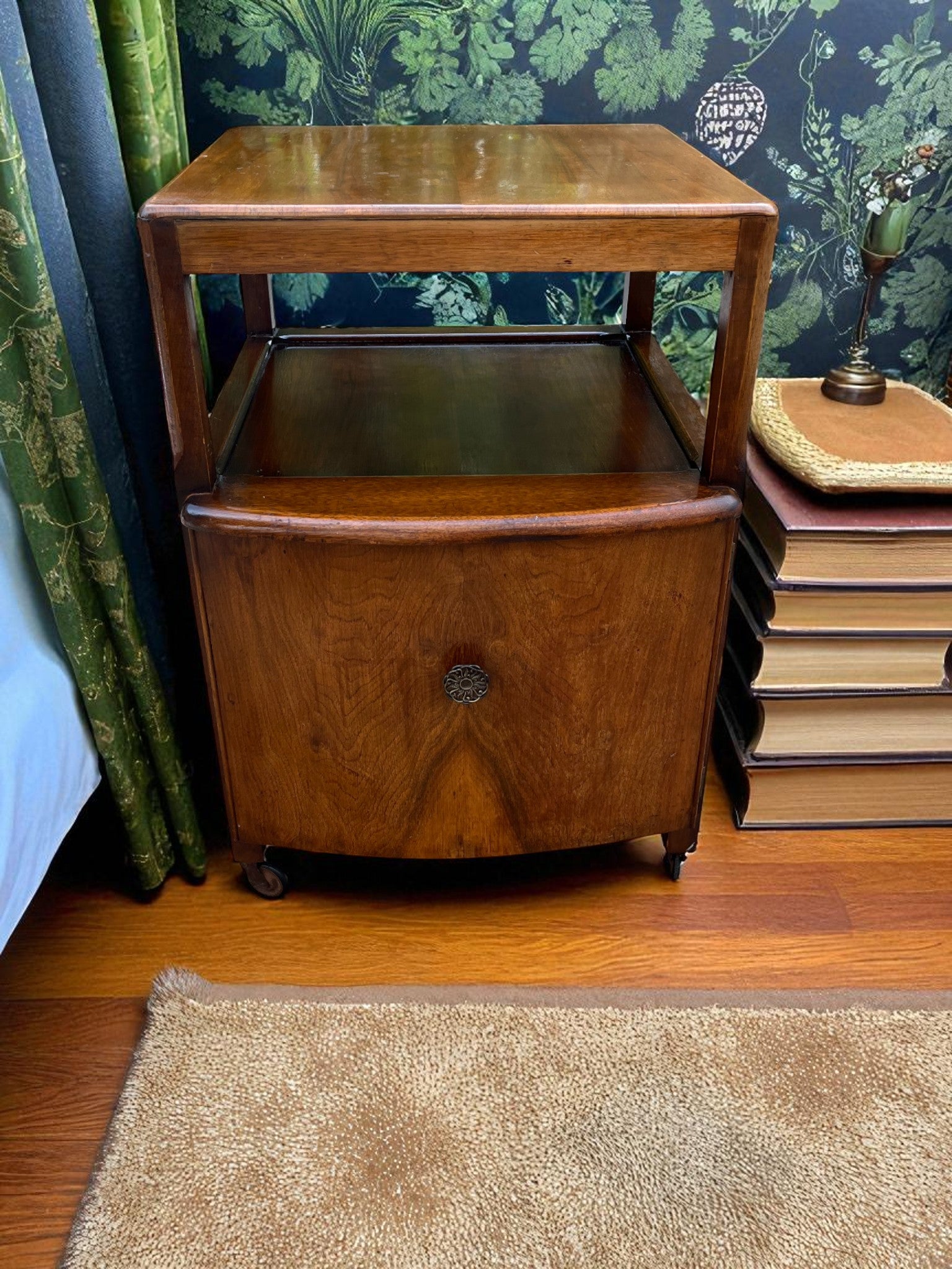 Antique Bedside Cabinet on Casters | Vintage Nightstand with Storage
