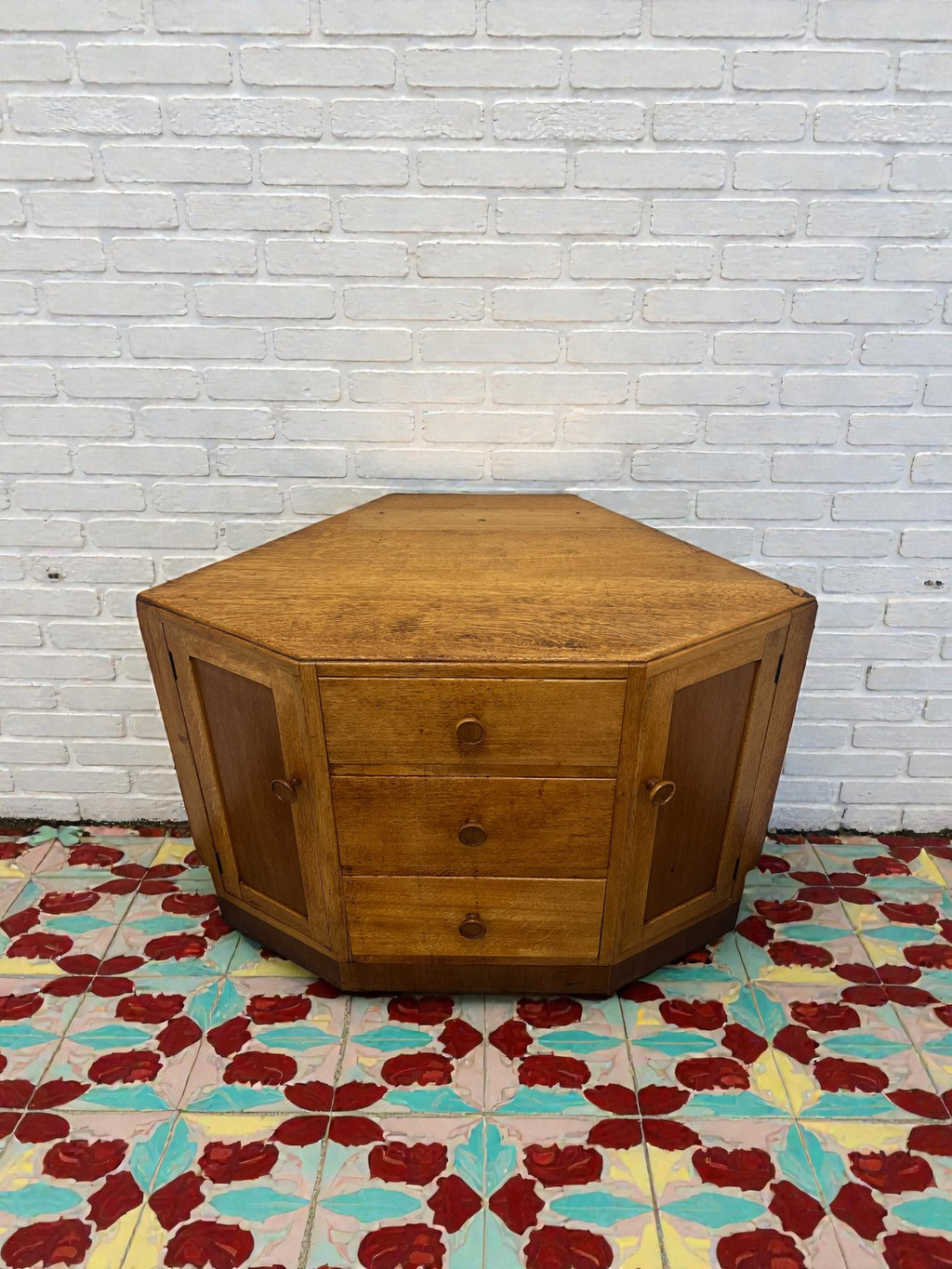 Antique Oak Corner Cabinet with Drawers | Rustic Storage Unit