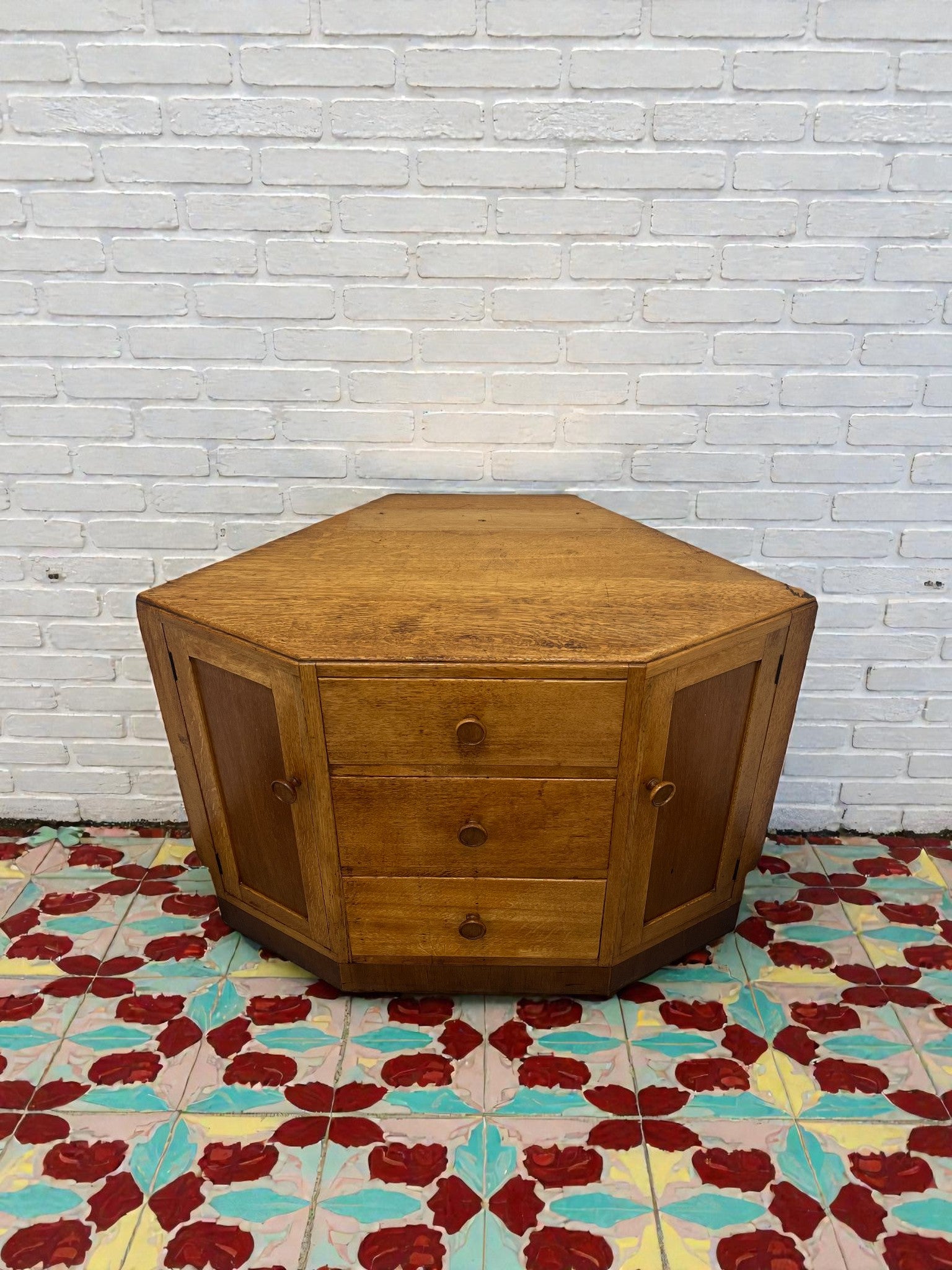 Antique Oak Corner Cabinet with Drawers | Rustic Storage Unit