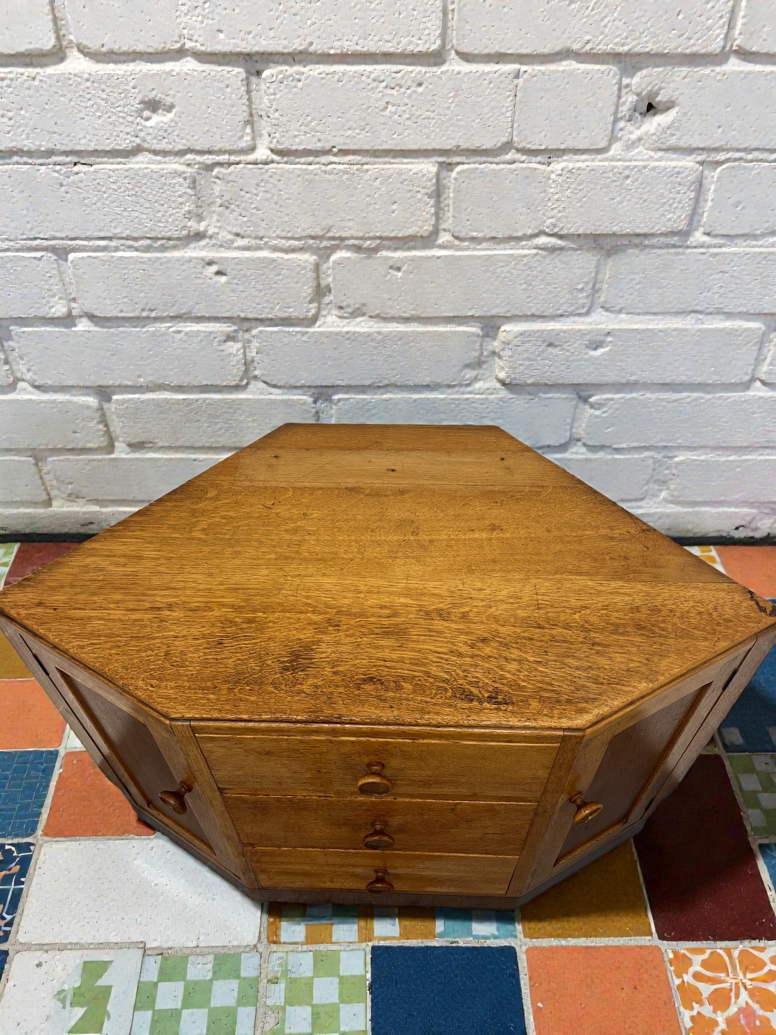 Antique Oak Corner Cabinet with Drawers | Rustic Storage Unit