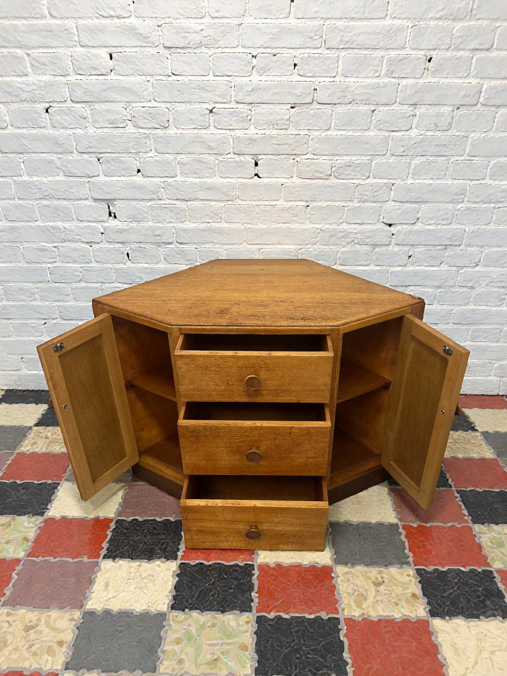 Antique Oak Corner Cabinet with Drawers | Rustic Storage Unit