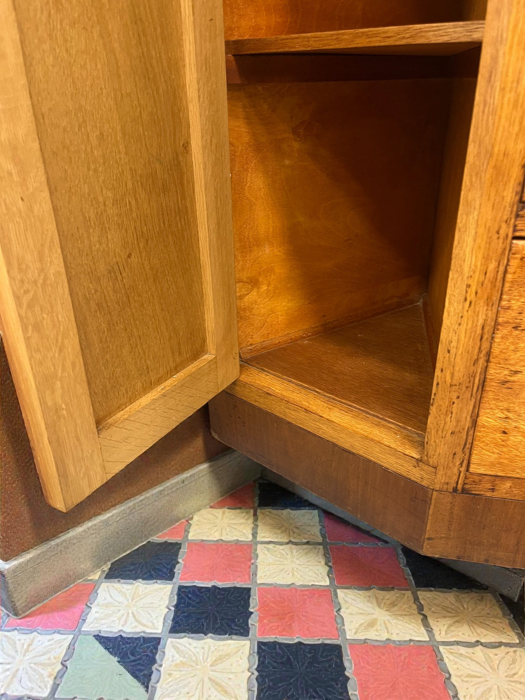 Antique Oak Corner Cabinet with Drawers | Rustic Storage Unit