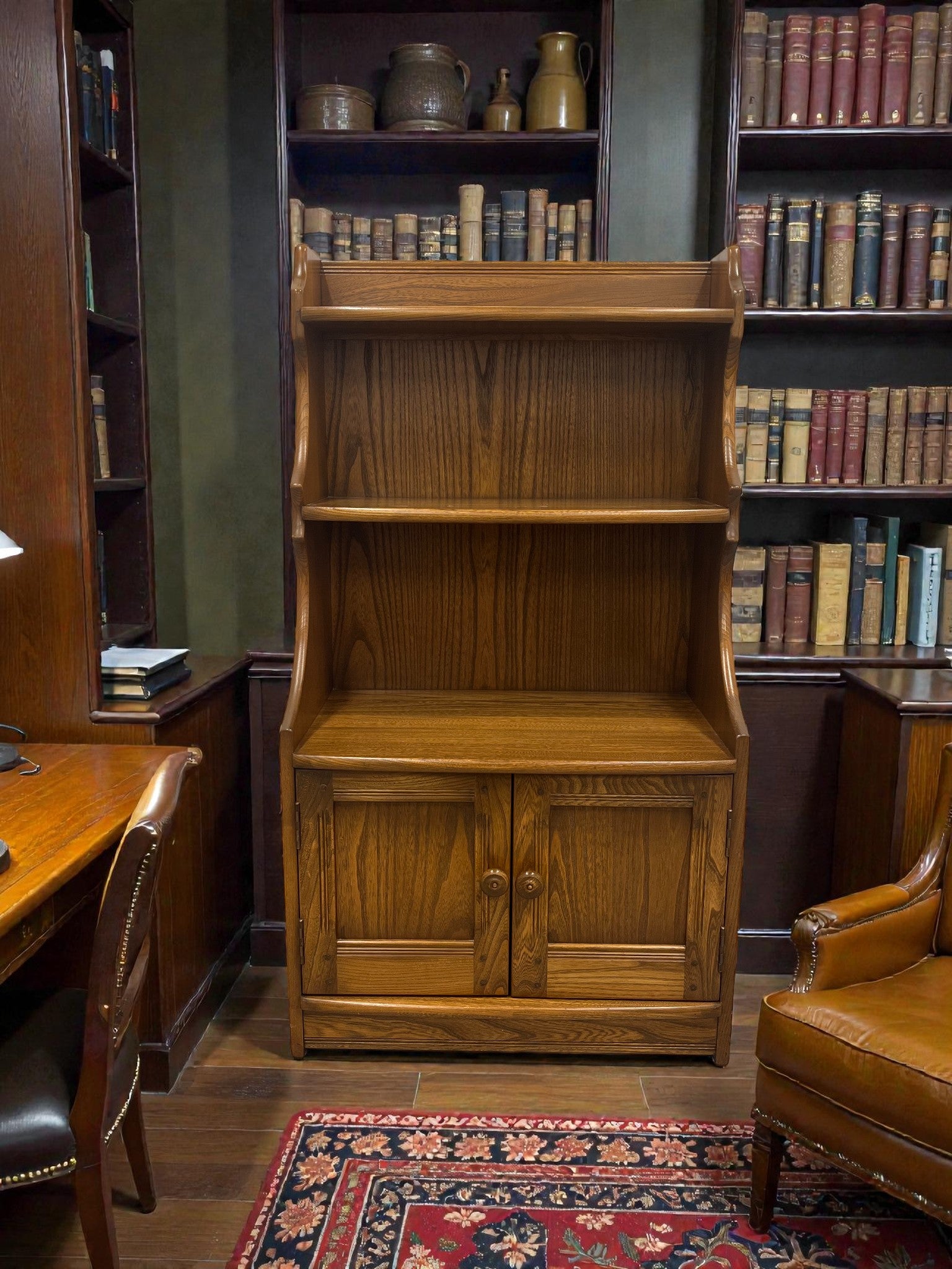 Ercol Golden Dawn Waterfall Bookcase with Cupboard | Mid-Century Elm