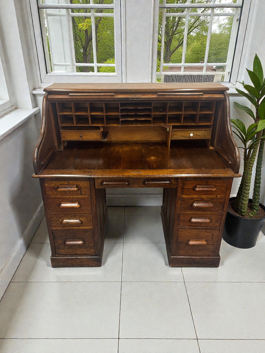 Antique Roll Top Desk | Solid Wood Bureau with 11 Drawers & Letter Pigeonholes