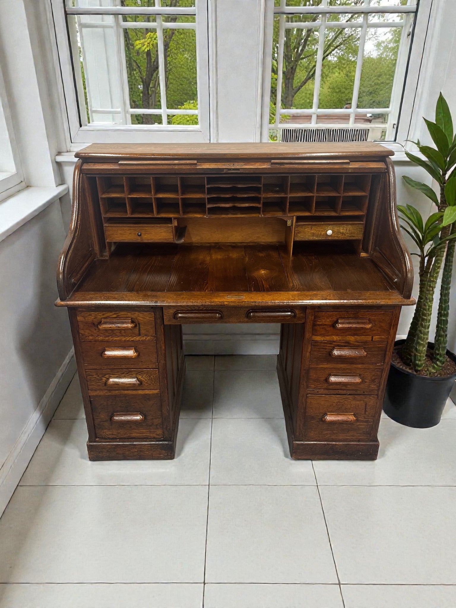 Antique Roll Top Desk | Solid Wood Bureau with 11 Drawers & Letter Pigeonholes