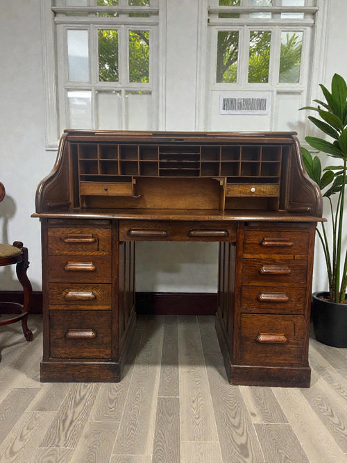 Antique Roll Top Desk | Solid Wood Bureau with 11 Drawers & Letter Pigeonholes