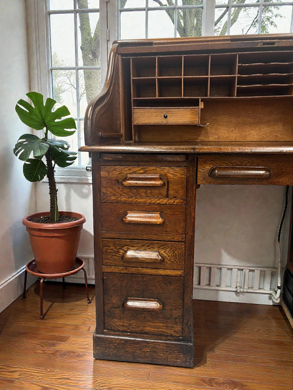 Antique Roll Top Desk | Solid Wood Bureau with 11 Drawers & Letter Pigeonholes