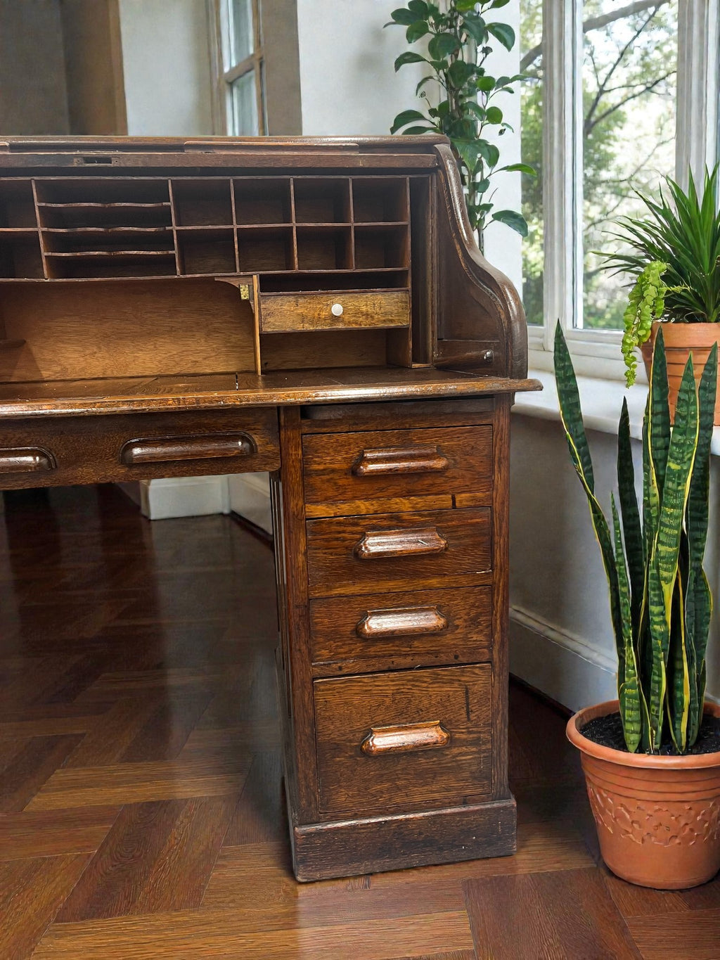 Antique Roll Top Desk | Solid Wood Bureau with 11 Drawers & Letter Pigeonholes