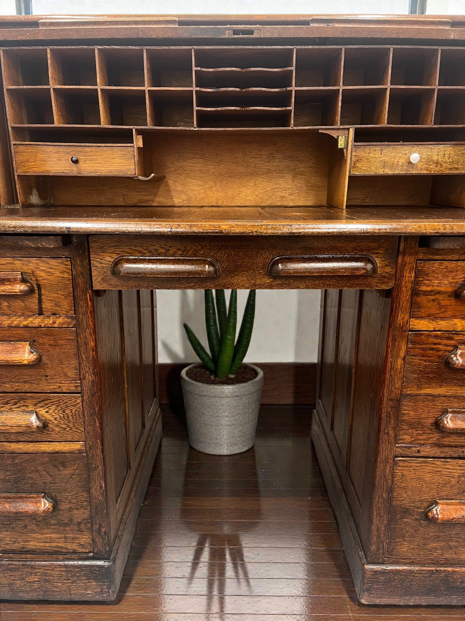 Antique Roll Top Desk | Solid Wood Bureau with 11 Drawers & Letter Pigeonholes
