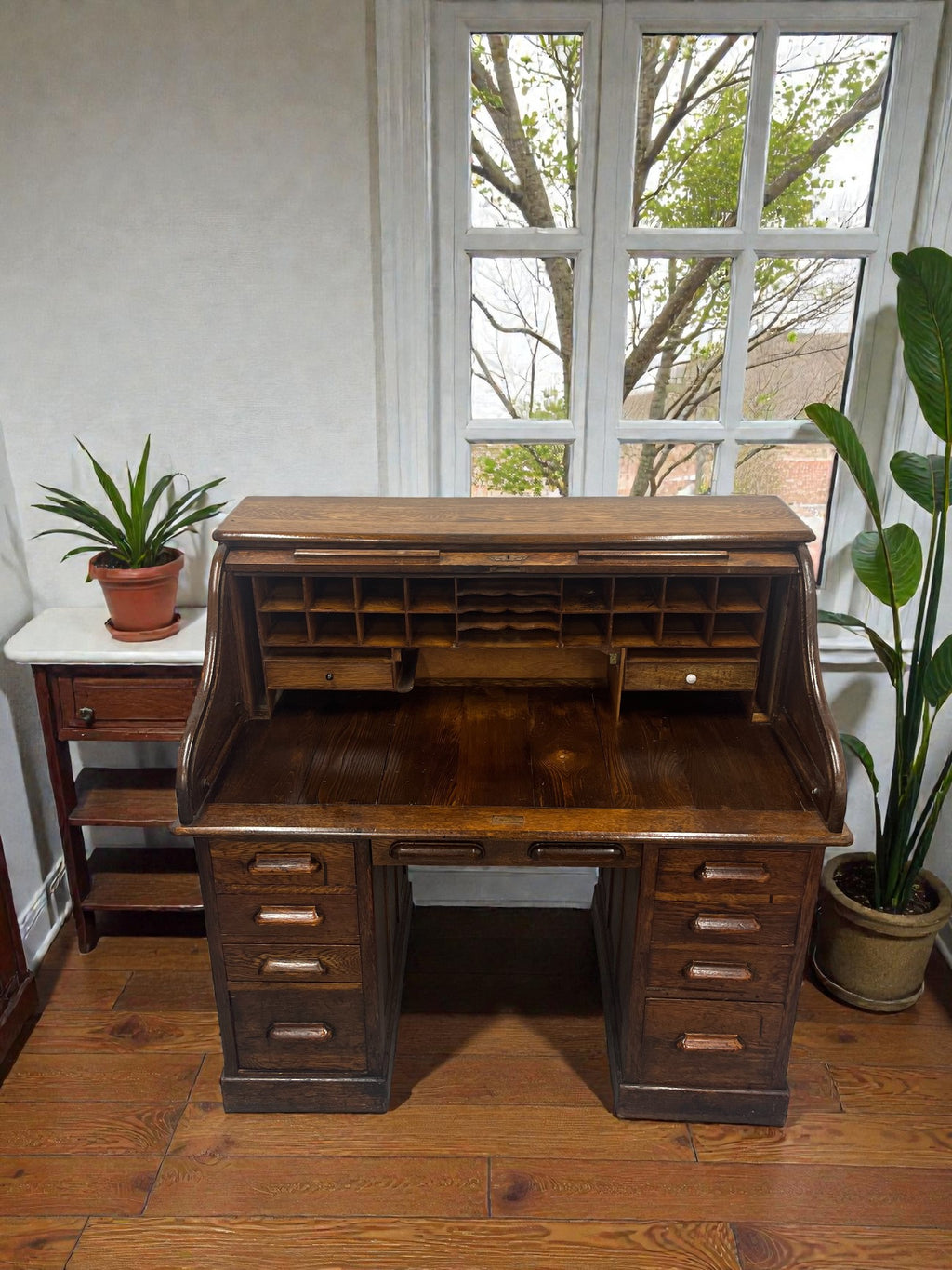 Antique Roll Top Desk | Solid Wood Bureau with 11 Drawers & Letter Pigeonholes