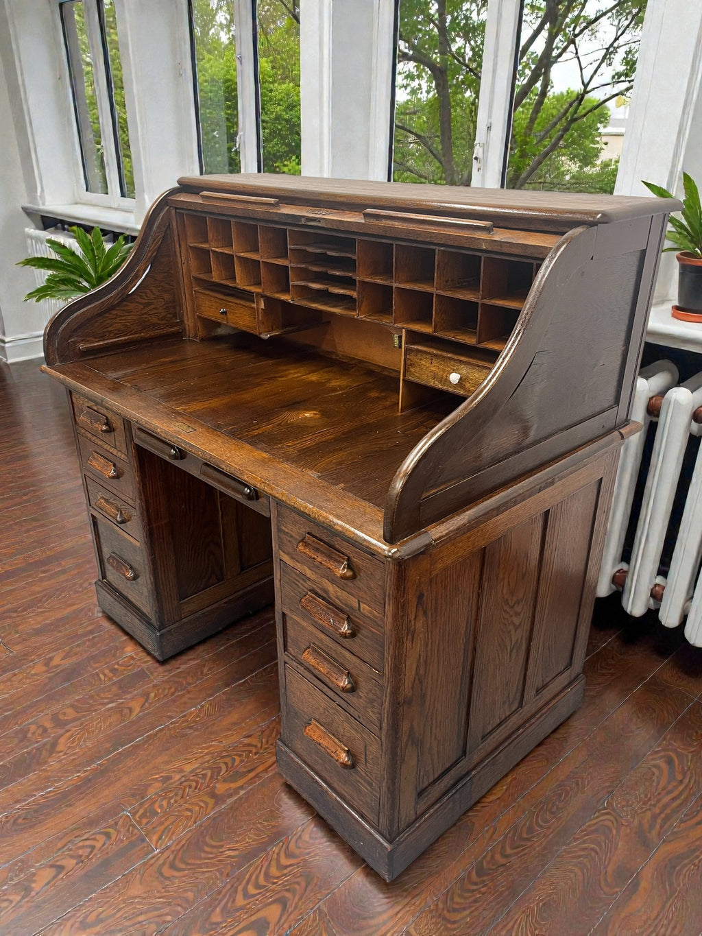 Antique Roll Top Desk | Solid Wood Bureau with 11 Drawers & Letter Pigeonholes