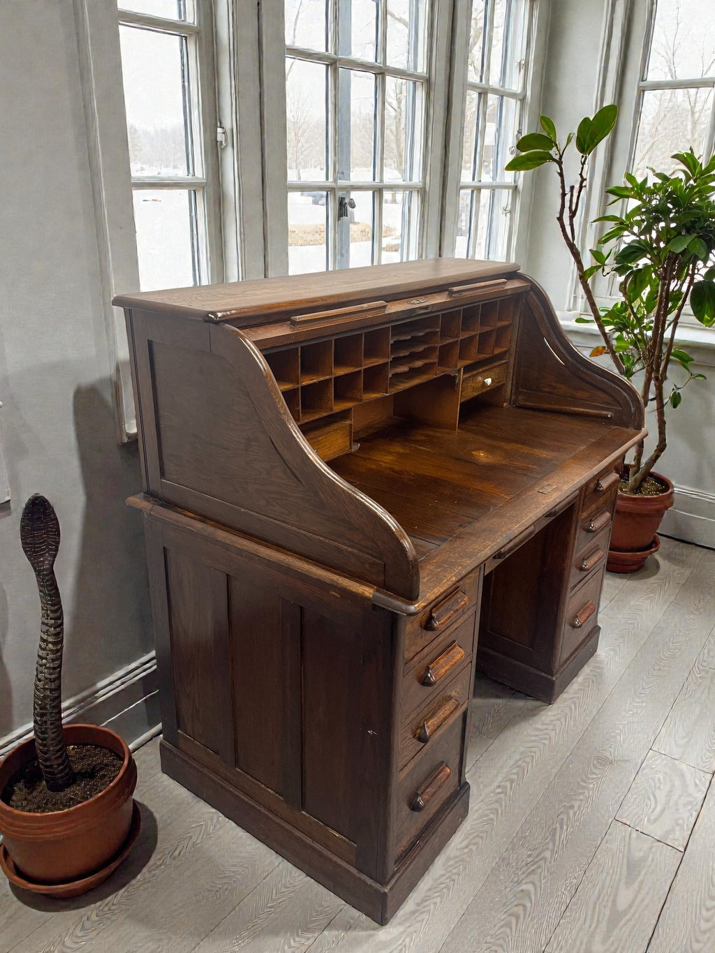 Antique Roll Top Desk | Solid Wood Bureau with 11 Drawers & Letter Pigeonholes