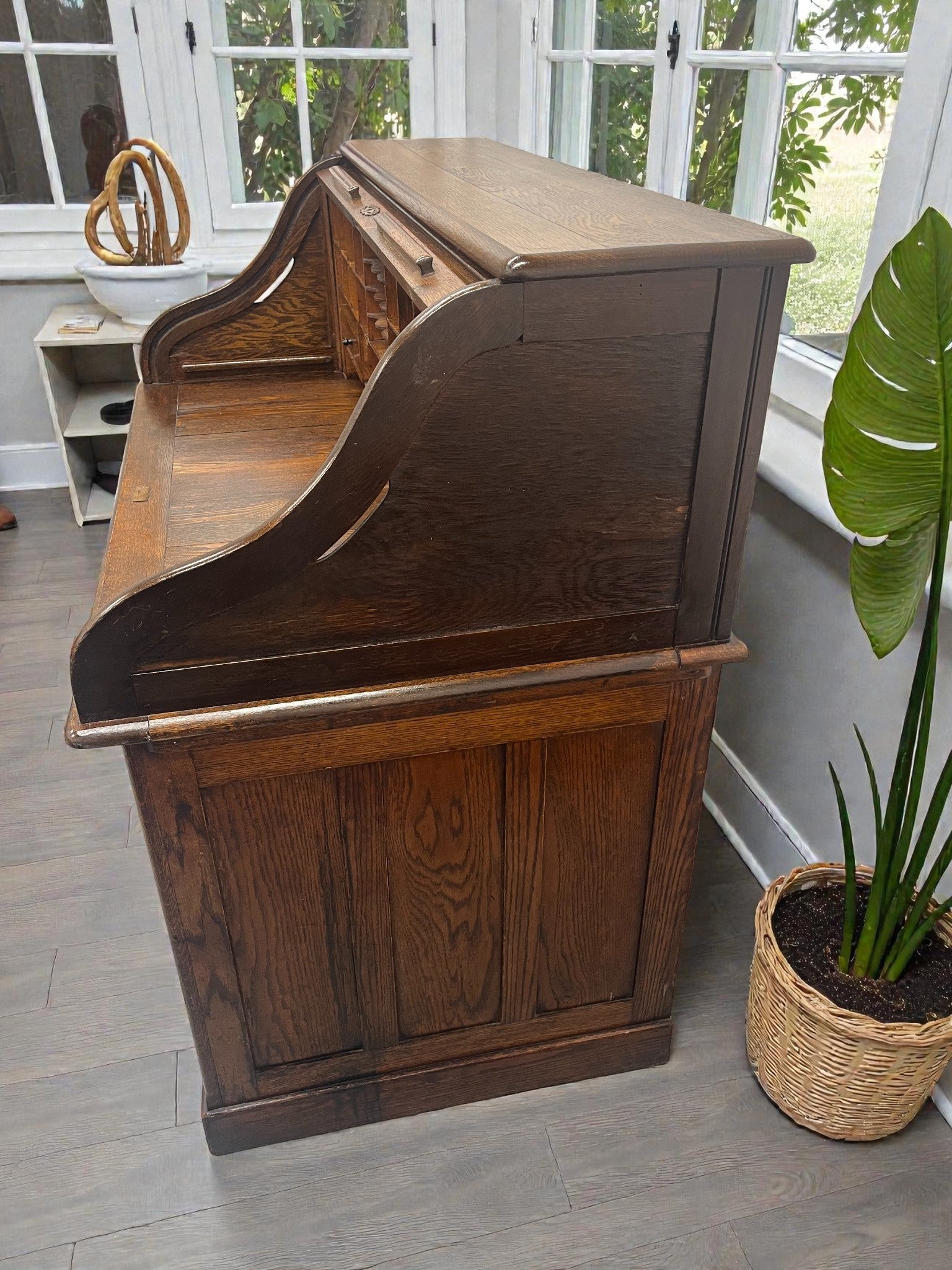 Antique Roll Top Desk | Solid Wood Bureau with 11 Drawers & Letter Pigeonholes