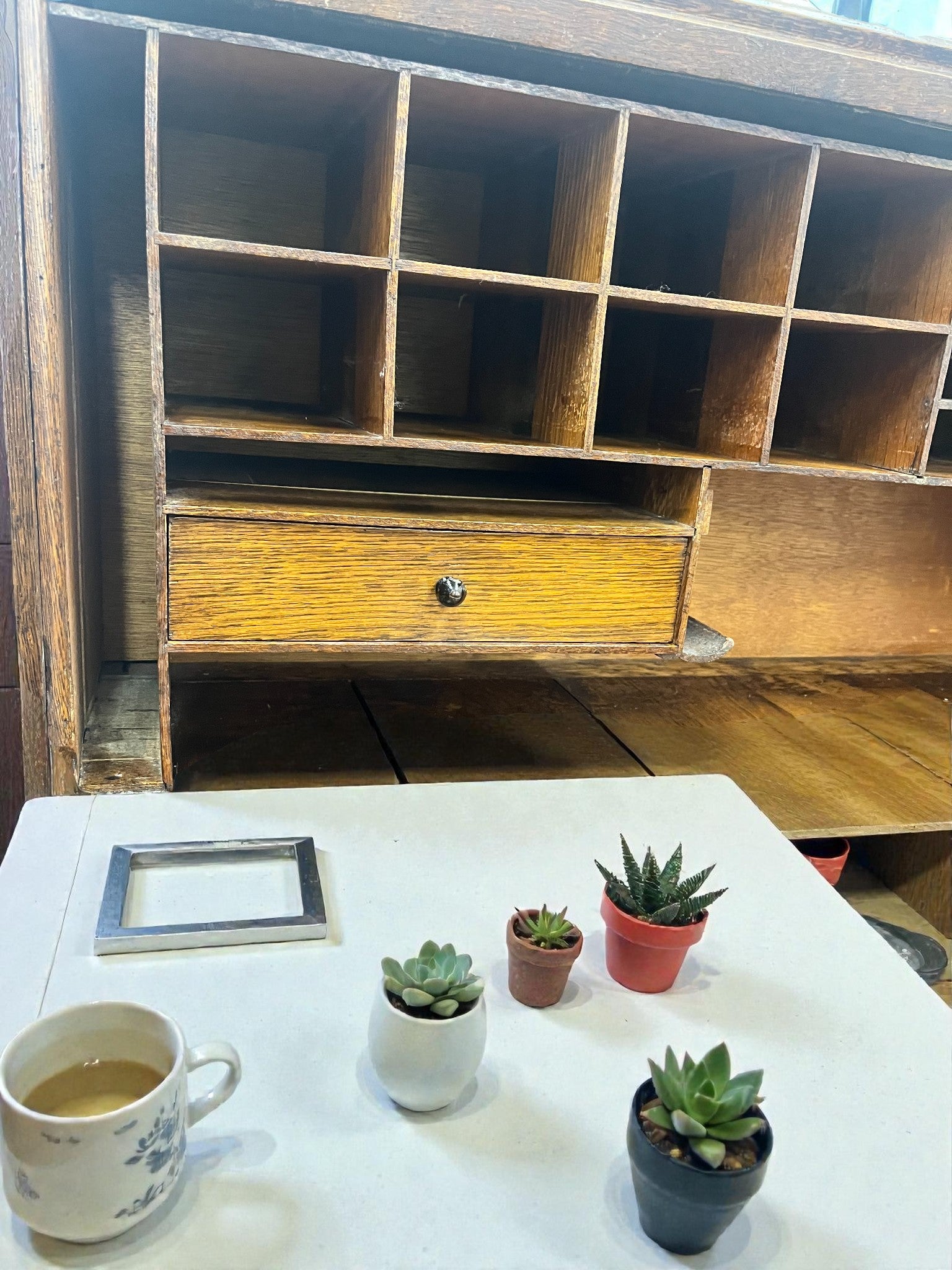 Antique Roll Top Desk | Solid Wood Bureau with 11 Drawers & Letter Pigeonholes
