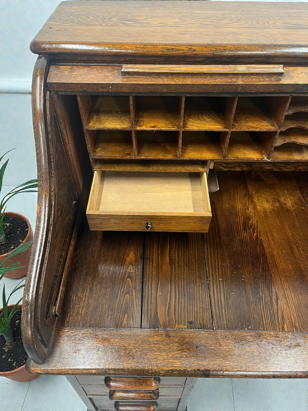 Antique Roll Top Desk | Solid Wood Bureau with 11 Drawers & Letter Pigeonholes