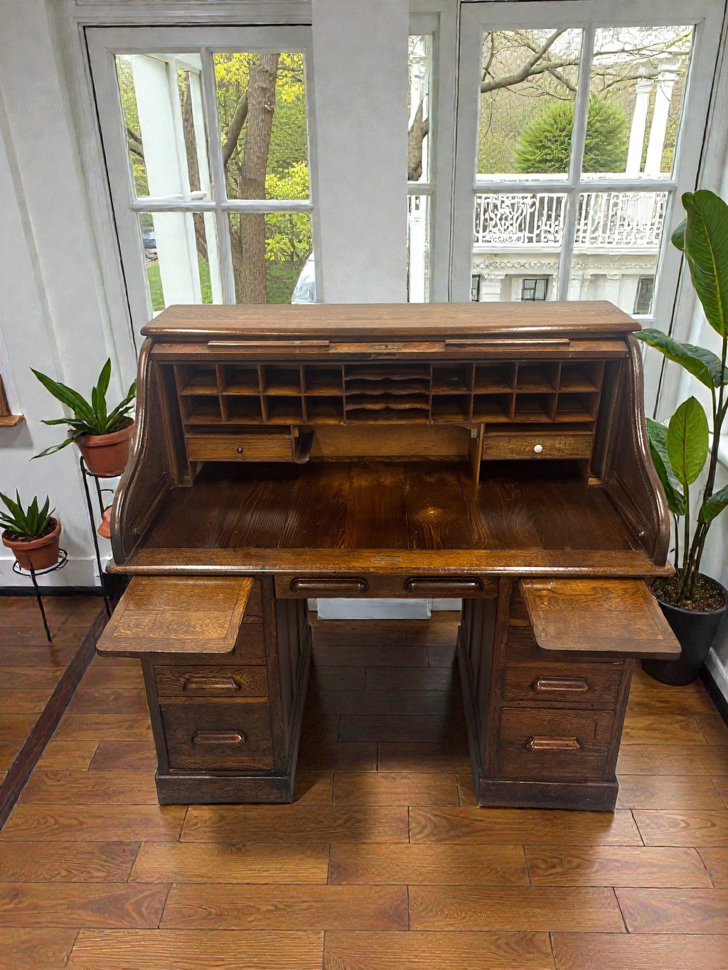 Antique Roll Top Desk | Solid Wood Bureau with 11 Drawers & Letter Pigeonholes
