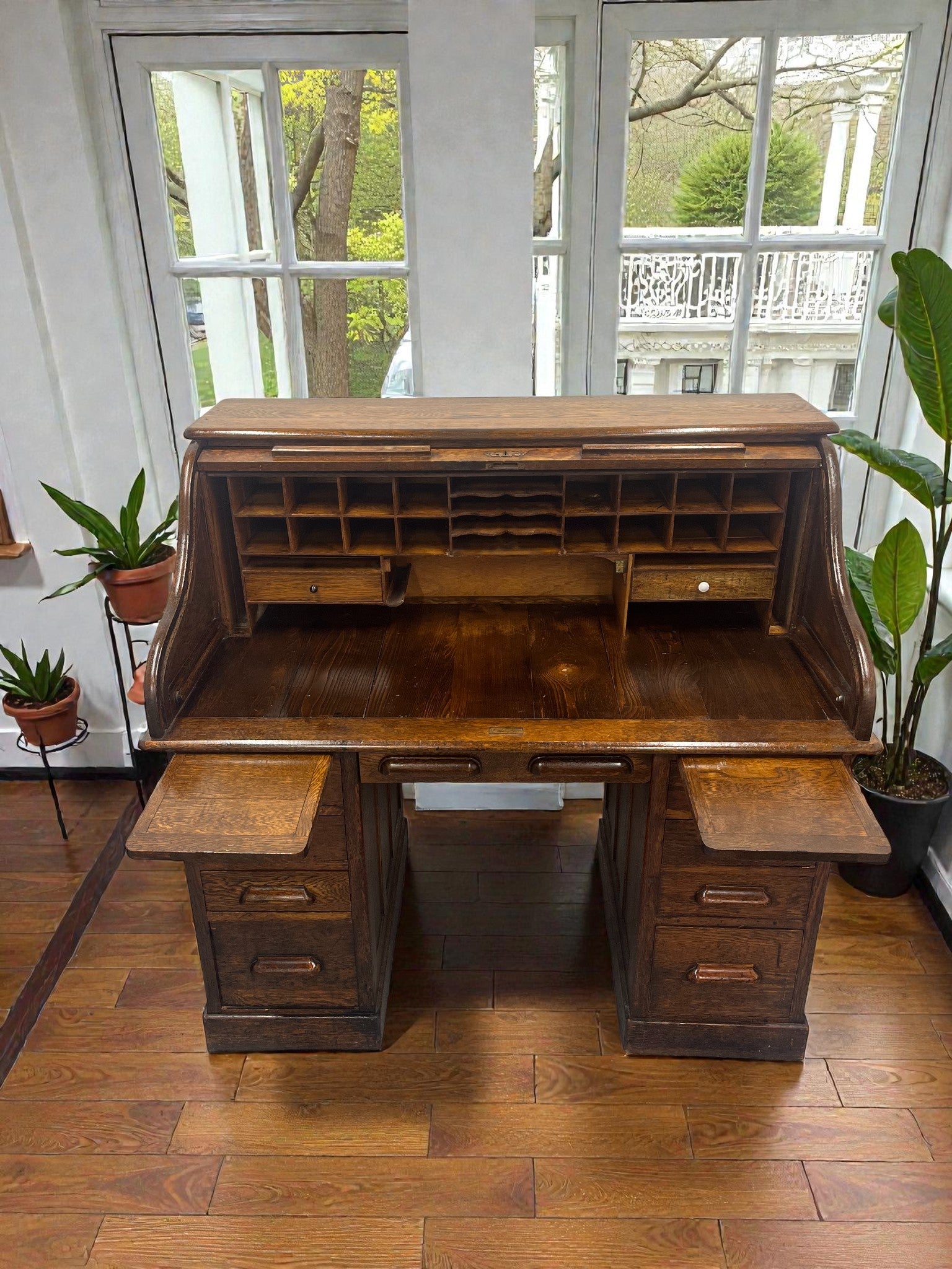 Antique Roll Top Desk | Solid Wood Bureau with 11 Drawers & Letter Pigeonholes