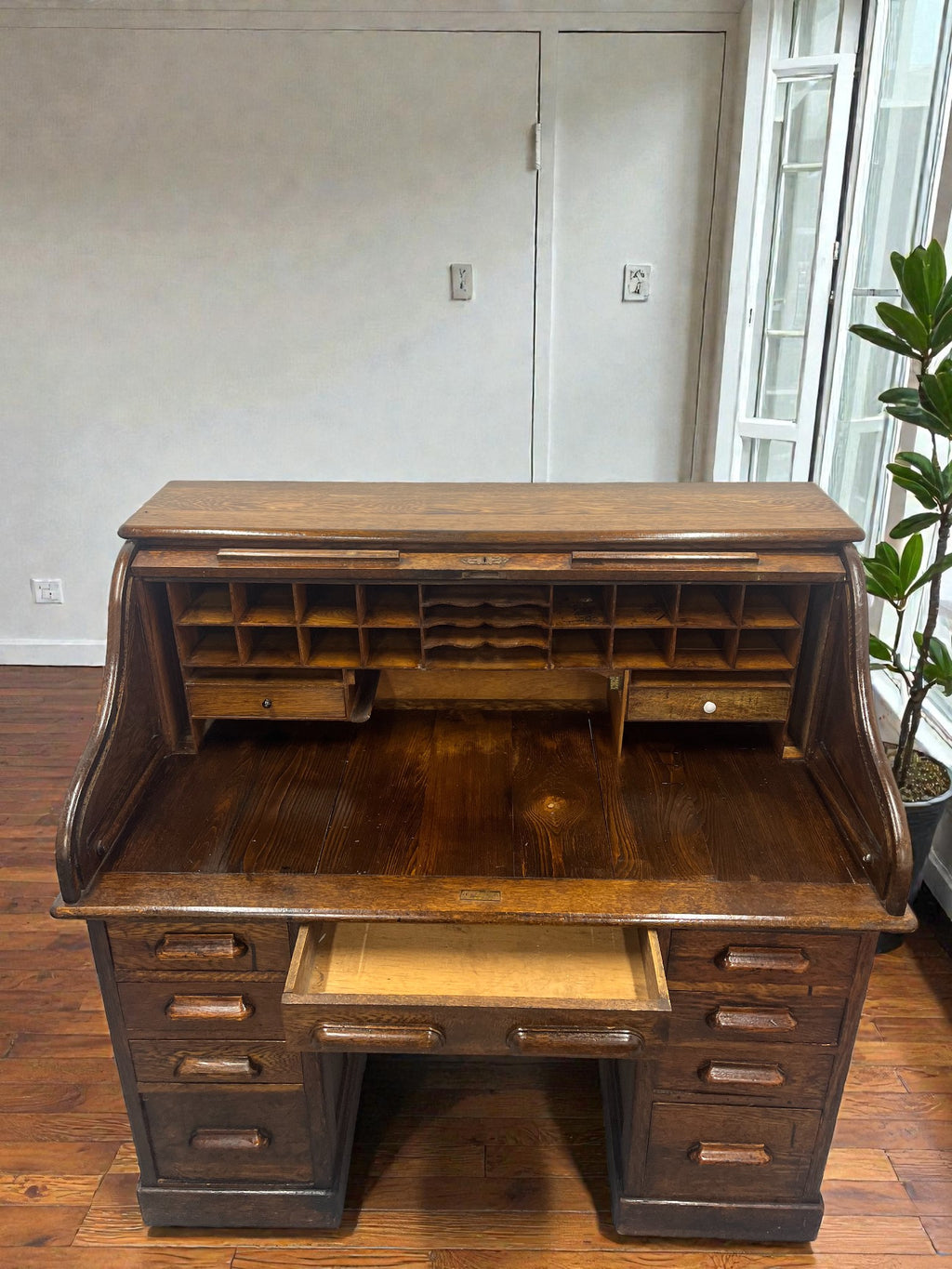 Antique Roll Top Desk | Solid Wood Bureau with 11 Drawers & Letter Pigeonholes