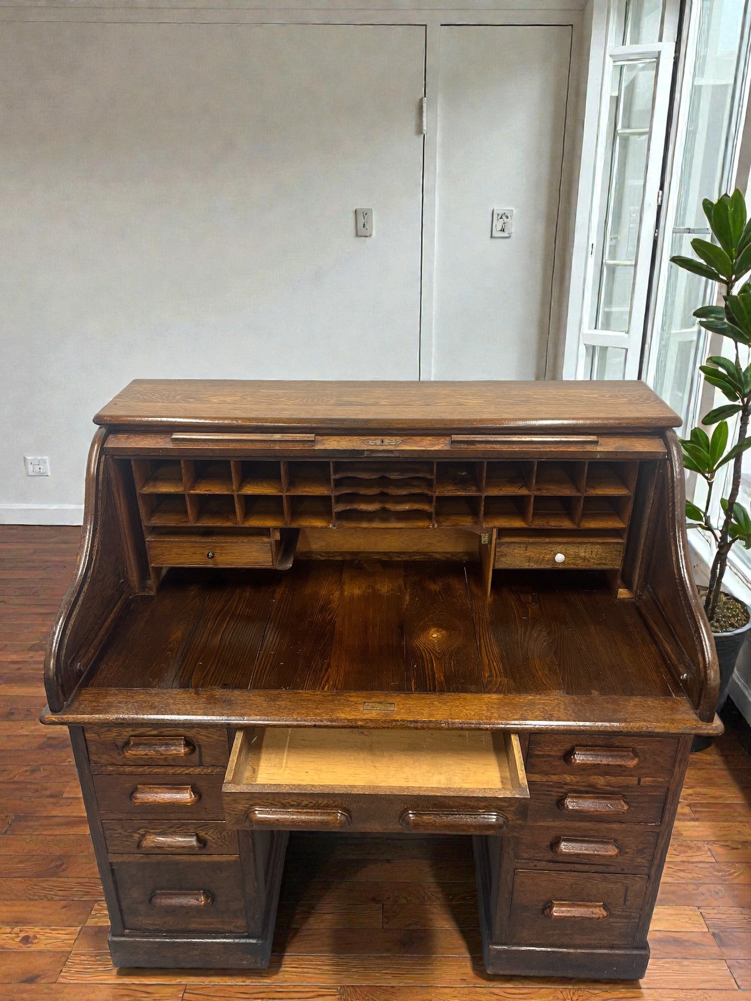 Antique Roll Top Desk | Solid Wood Bureau with 11 Drawers & Letter Pigeonholes