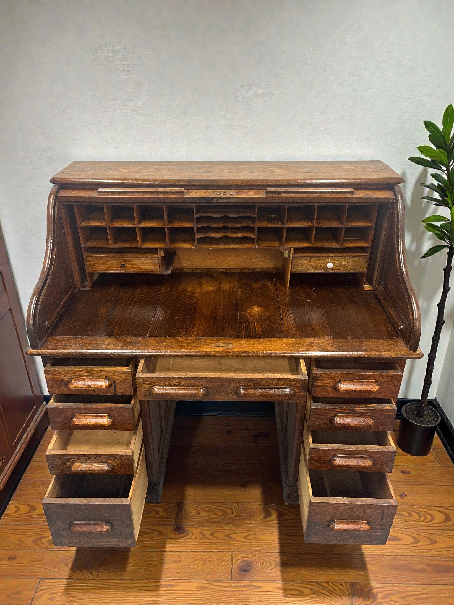 Antique Roll Top Desk | Solid Wood Bureau with 11 Drawers & Letter Pigeonholes