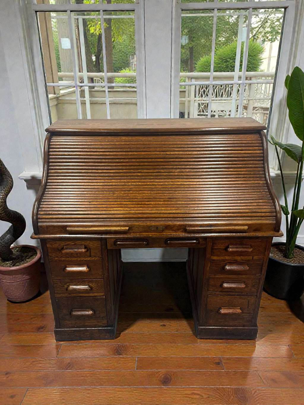 Antique Roll Top Desk | Solid Wood Bureau with 11 Drawers & Letter Pigeonholes