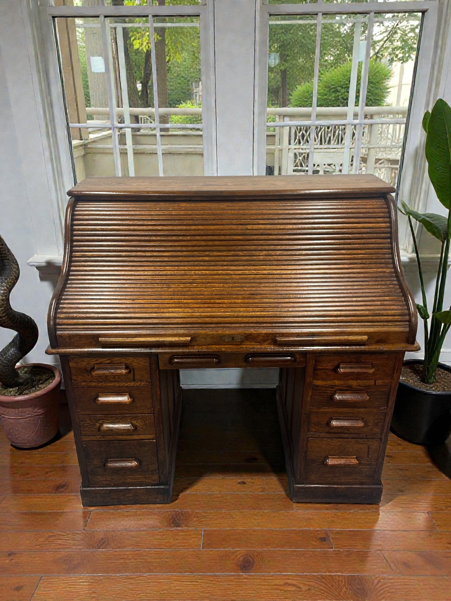 Antique Roll Top Desk | Solid Wood Bureau with 11 Drawers & Letter Pigeonholes