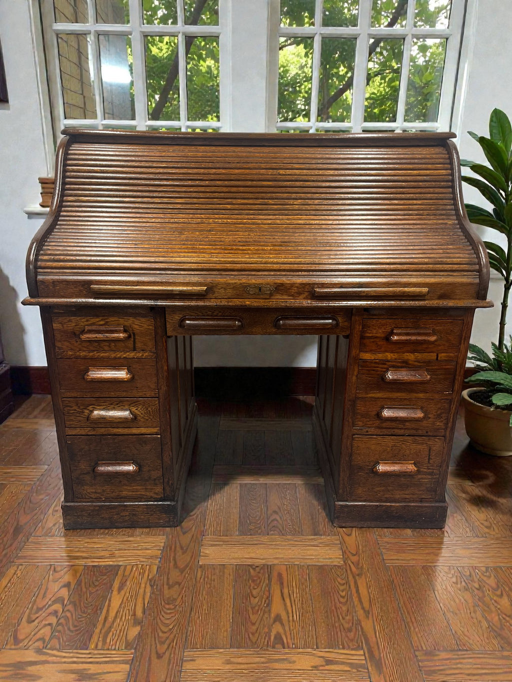 Antique Roll Top Desk | Solid Wood Bureau with 11 Drawers & Letter Pigeonholes