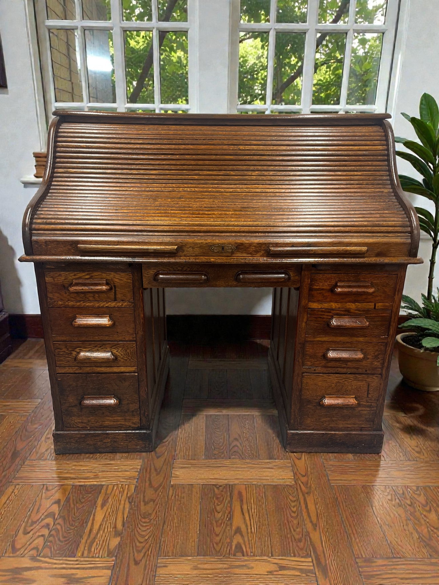Antique Roll Top Desk | Solid Wood Bureau with 11 Drawers & Letter Pigeonholes