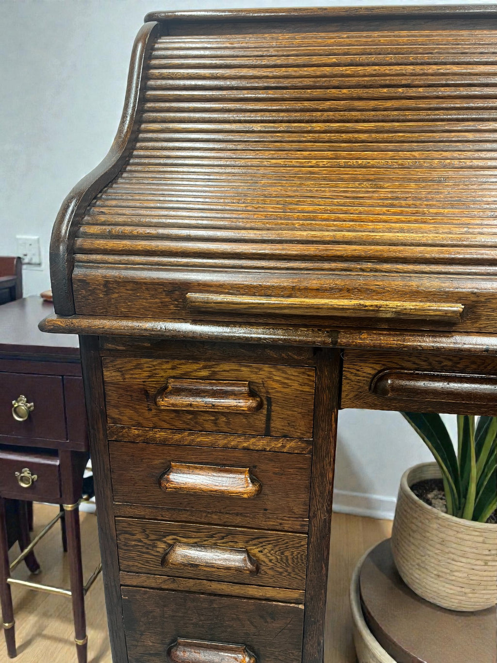 Antique Roll Top Desk | Solid Wood Bureau with 11 Drawers & Letter Pigeonholes