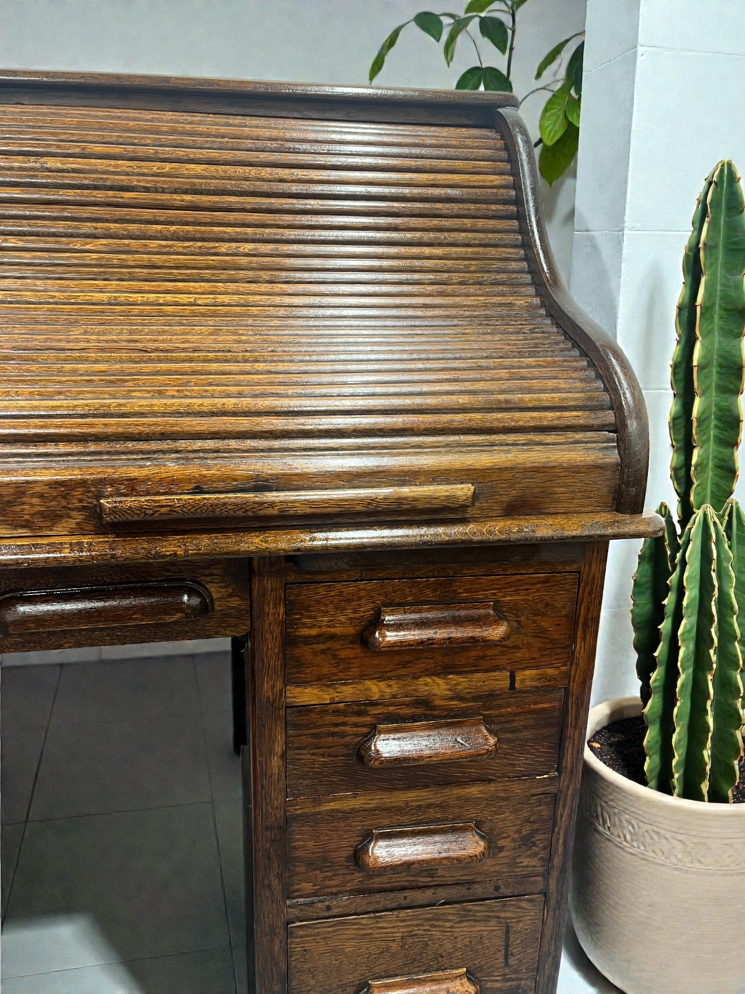 Antique Roll Top Desk | Solid Wood Bureau with 11 Drawers & Letter Pigeonholes