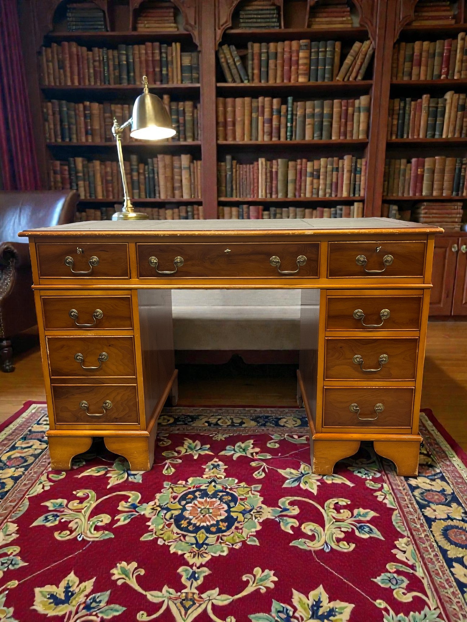Yew Wood Pedestal Desk with Green Leather Top | Reproduction Kneehole Desk