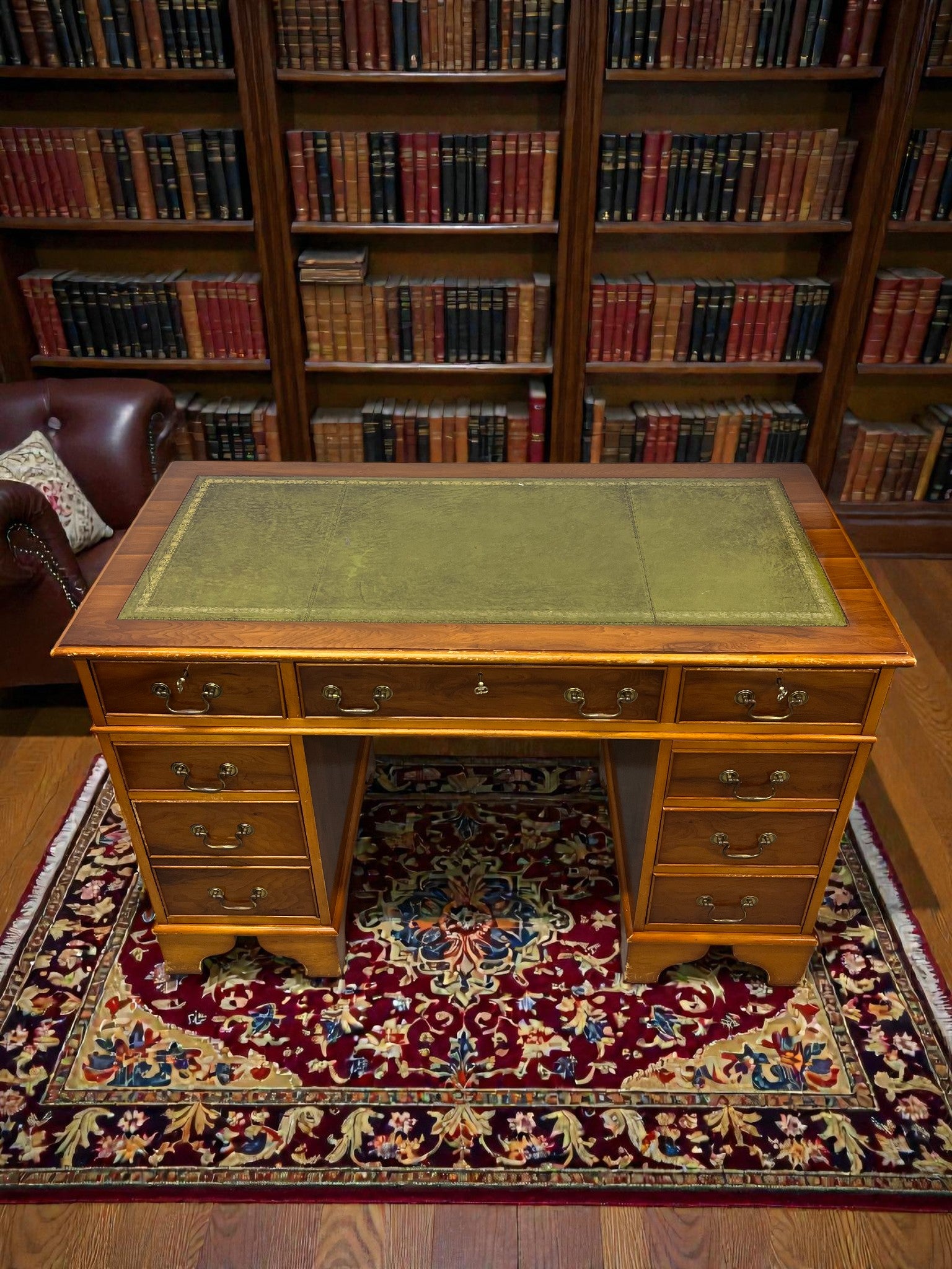 Yew Wood Pedestal Desk with Green Leather Top | Reproduction Kneehole Desk