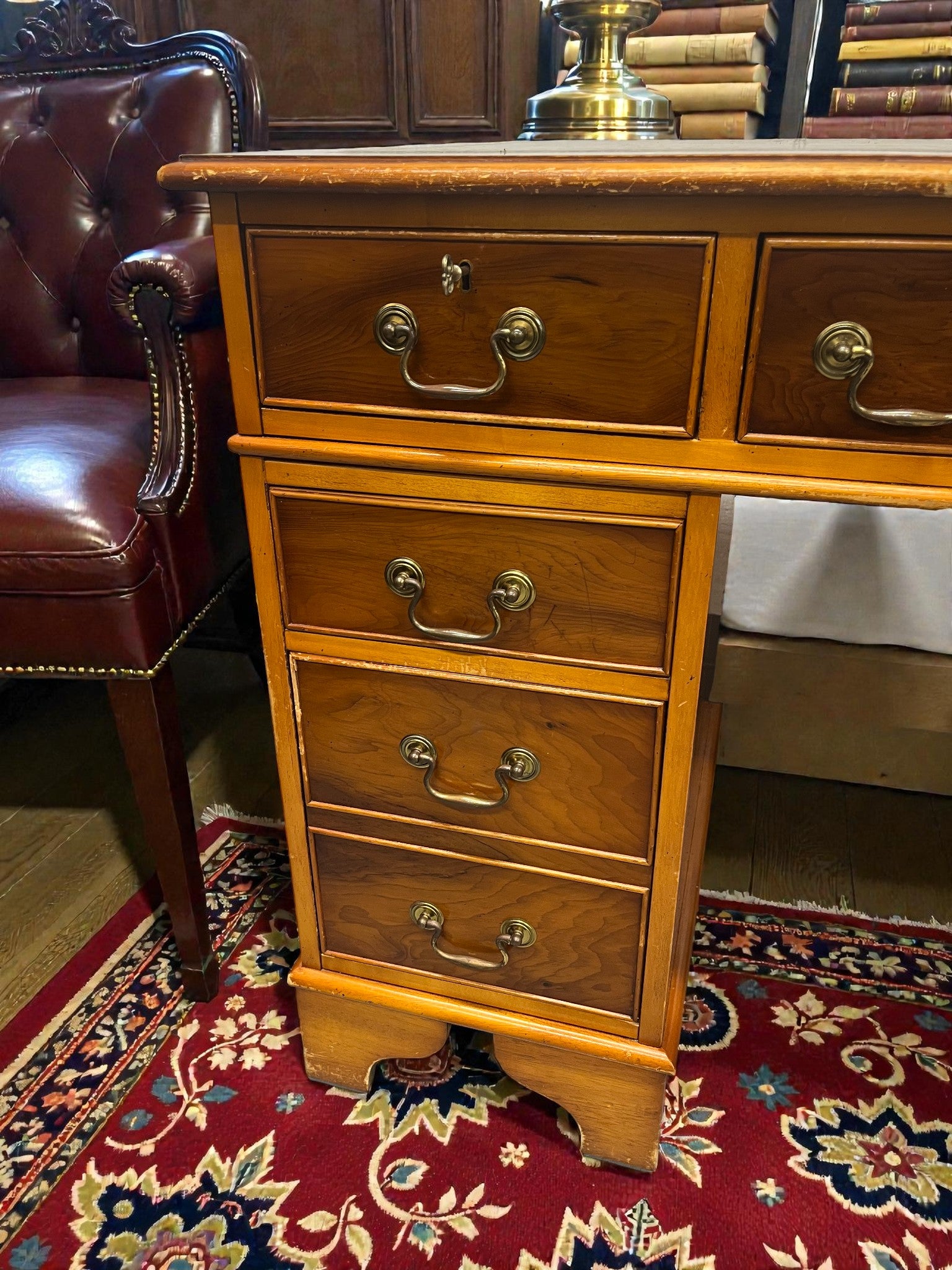 Yew Wood Pedestal Desk with Green Leather Top | Reproduction Kneehole Desk