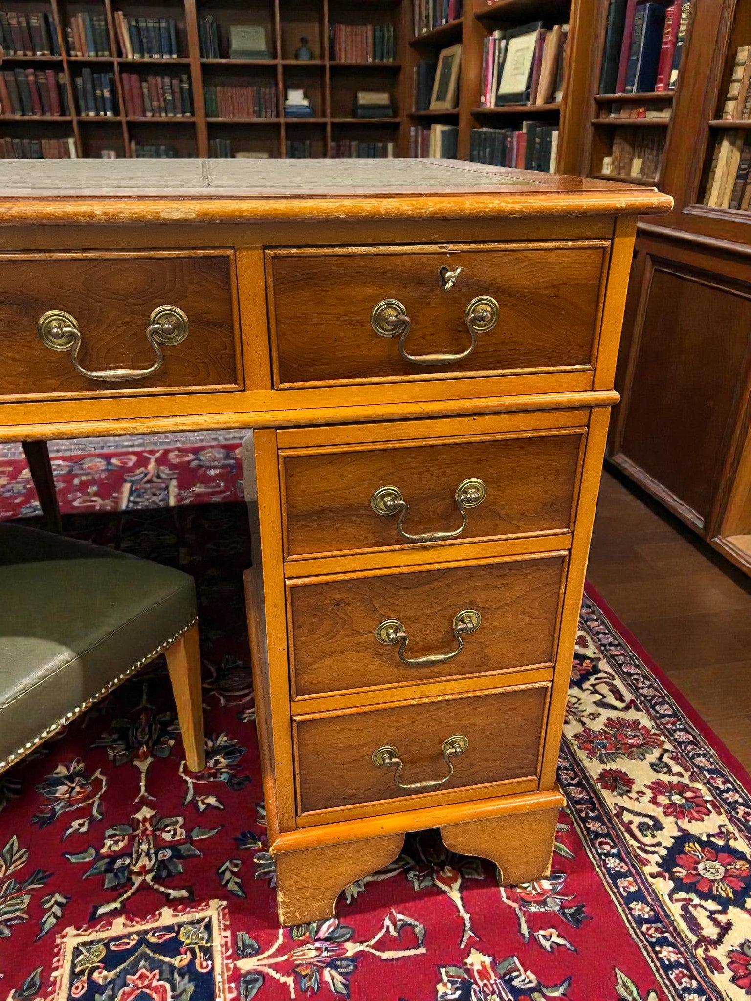 Yew Wood Pedestal Desk with Green Leather Top | Reproduction Kneehole Desk