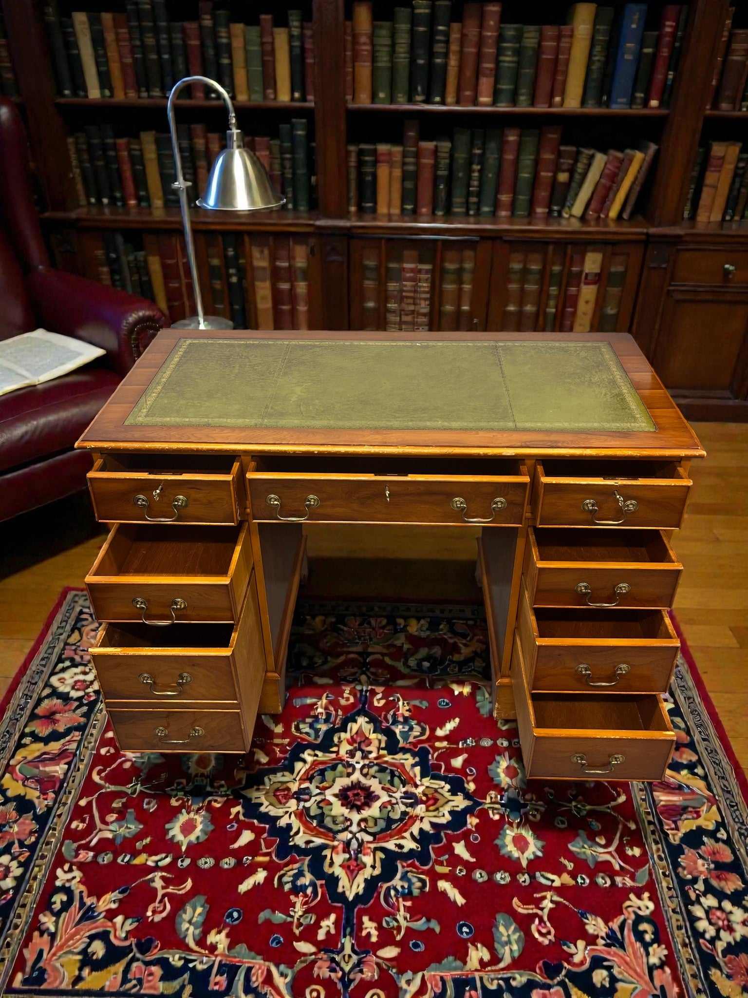 Yew Wood Pedestal Desk with Green Leather Top | Reproduction Kneehole Desk
