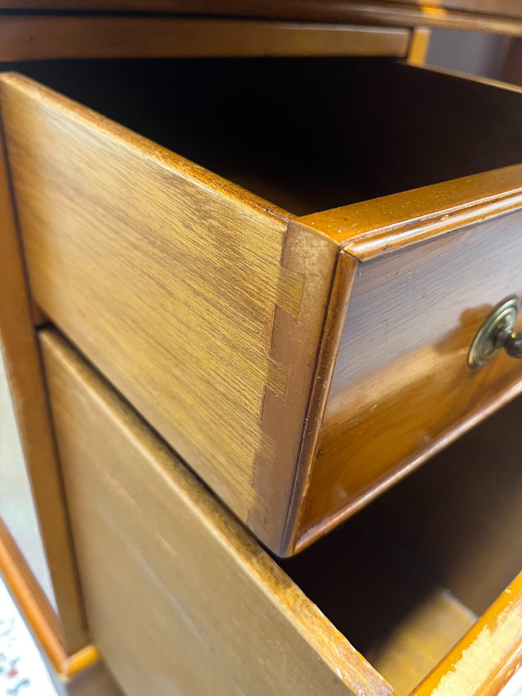 Yew Wood Pedestal Desk with Green Leather Top | Reproduction Kneehole Desk