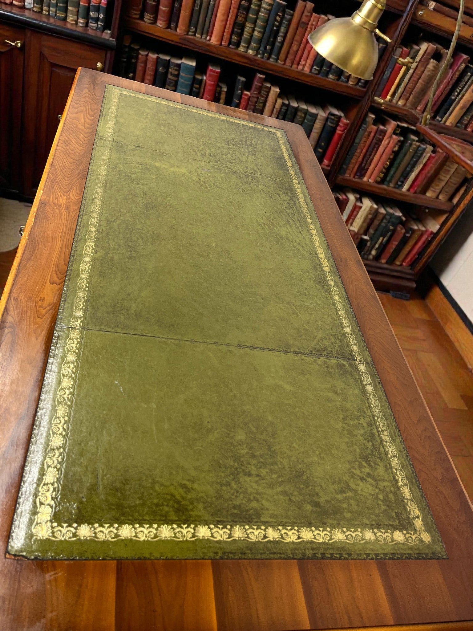 Yew Wood Pedestal Desk with Green Leather Top | Reproduction Kneehole Desk