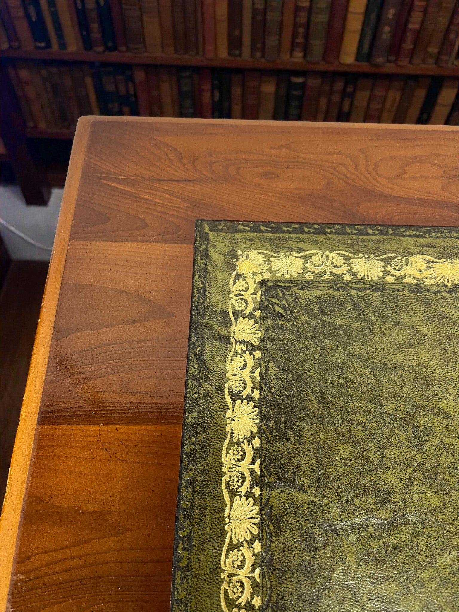 Yew Wood Pedestal Desk with Green Leather Top | Reproduction Kneehole Desk