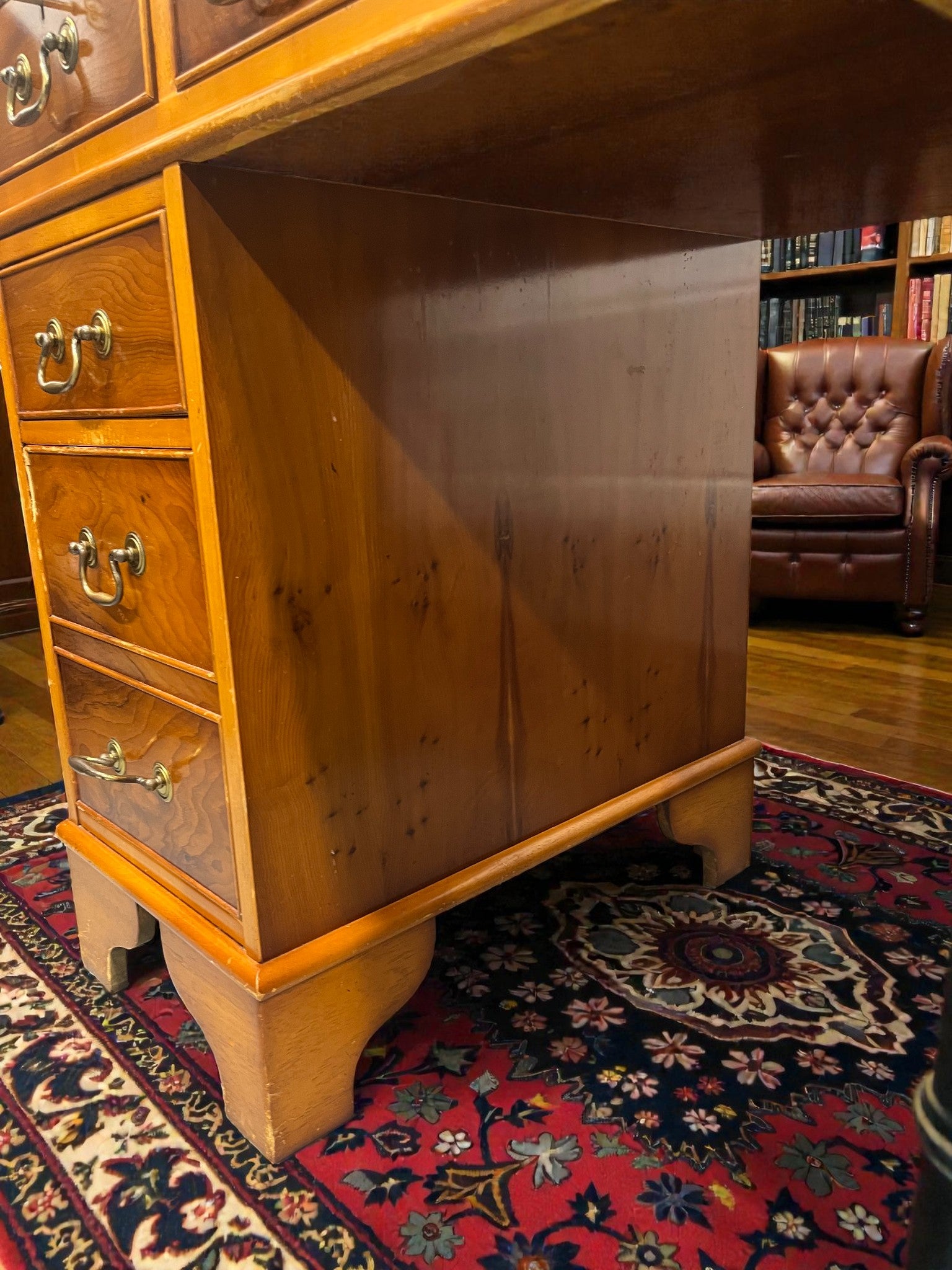 Yew Wood Pedestal Desk with Green Leather Top | Reproduction Kneehole Desk