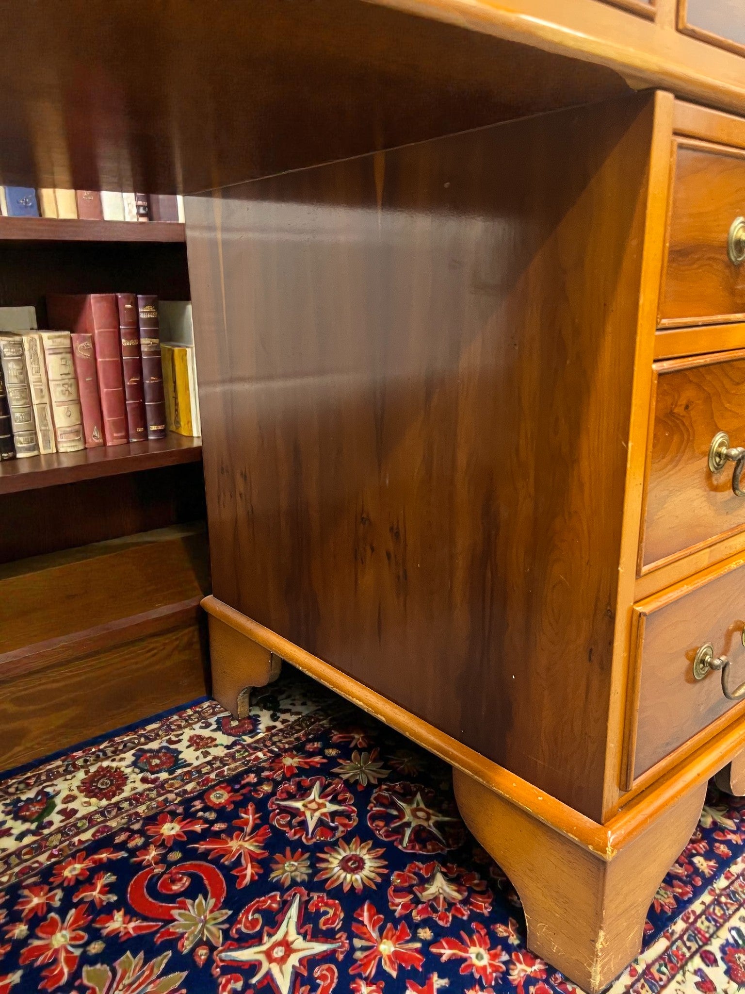 Yew Wood Pedestal Desk with Green Leather Top | Reproduction Kneehole Desk
