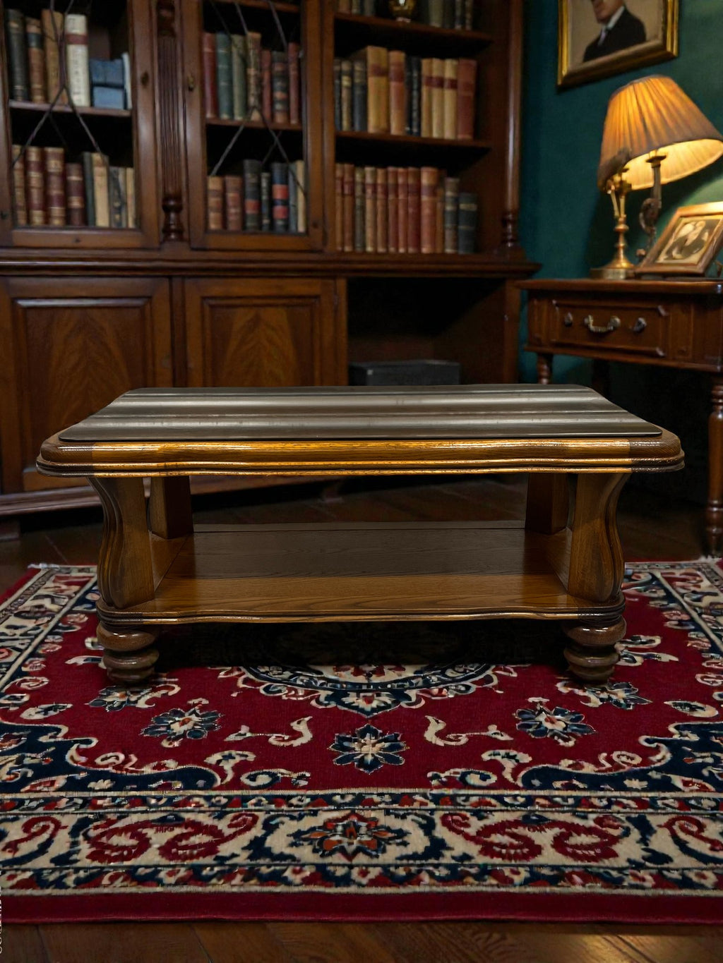 Rustic French Style Coffee Table with Glass Top | Vintage Rectangular Table