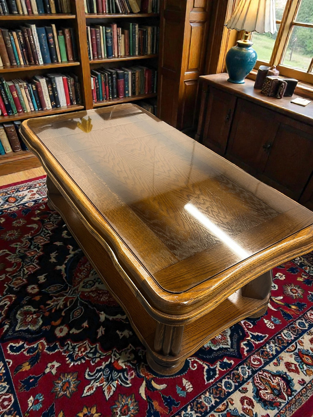 Rustic French Style Coffee Table with Glass Top | Vintage Rectangular Table