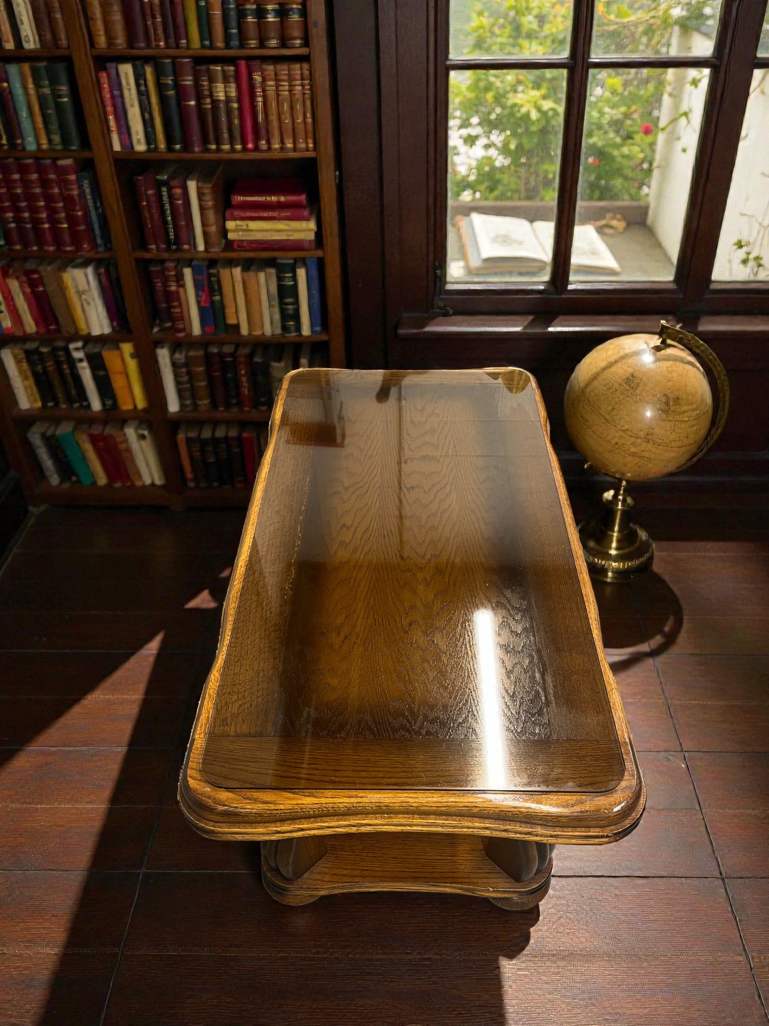 Rustic French Style Coffee Table with Glass Top | Vintage Rectangular Table
