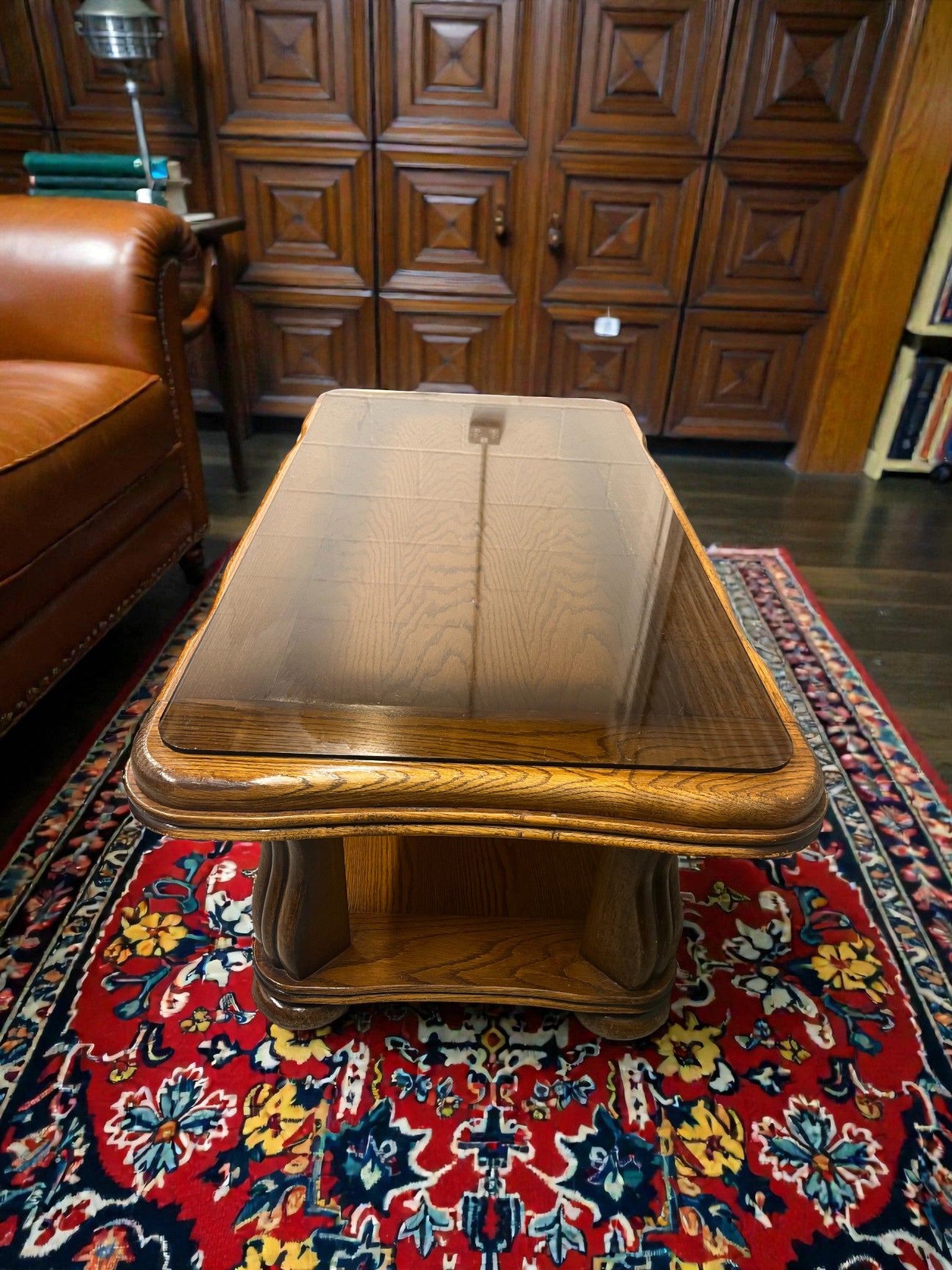Rustic French Style Coffee Table with Glass Top | Vintage Rectangular Table