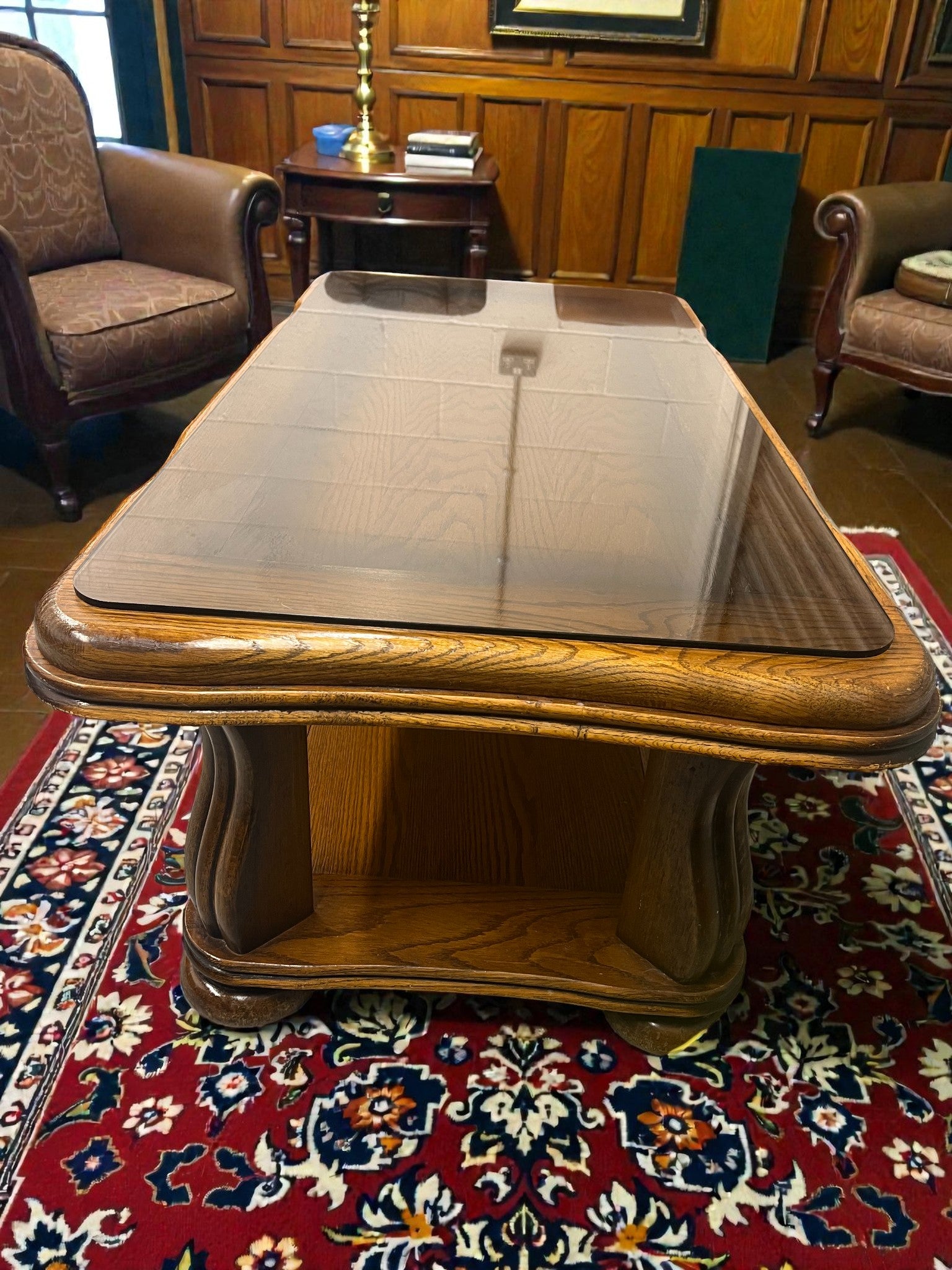 Rustic French Style Coffee Table with Glass Top | Vintage Rectangular Table