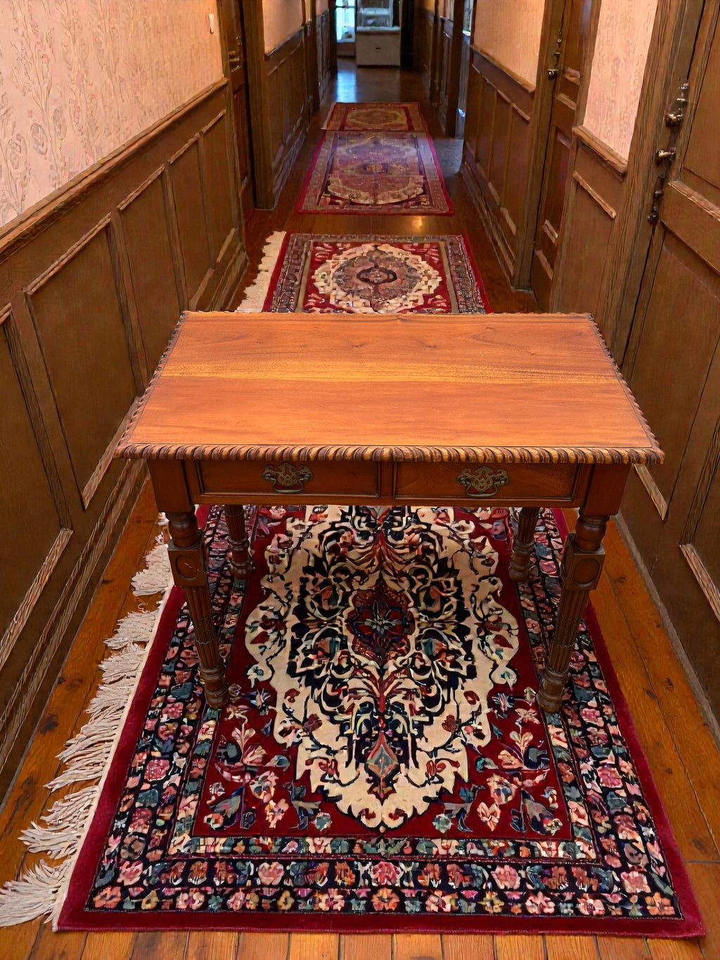 Vintage Writing Desk with Turned Legs | Two Drawer Desk with Brass Handles