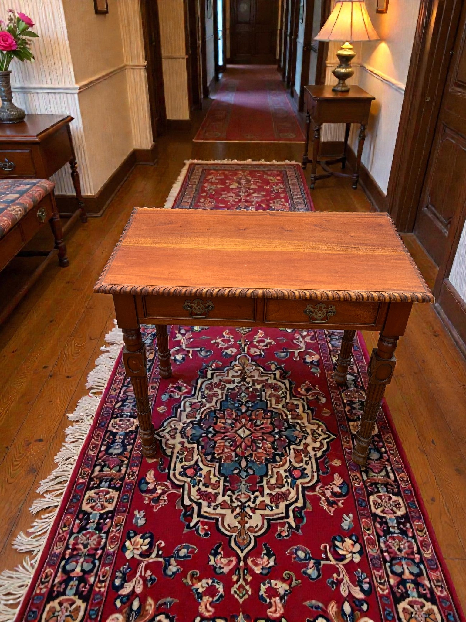 Vintage Writing Desk with Turned Legs | Two Drawer Desk with Brass Handles