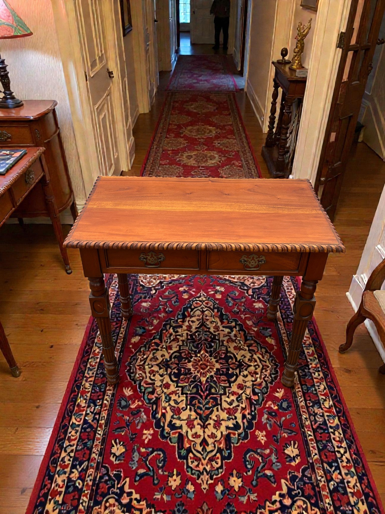 Vintage Writing Desk with Turned Legs | Two Drawer Desk with Brass Handles